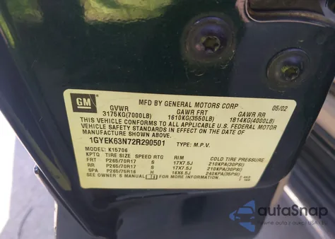 2002 Cadillac Escalade Standard z USA, uszkodzony, nr VIN 1GYEK63N72R290501